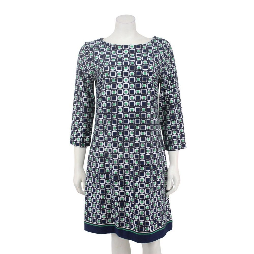 Talbots Blue Green Geometric Print Ponte Knit 3/4 Sleeve Shift Dress Size 10